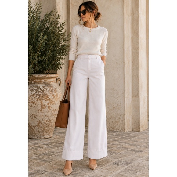 Babaton Pants - Babaton Trousers Wide Leg Beige Cream Officecore Wool Blend Cuffed Size 6
